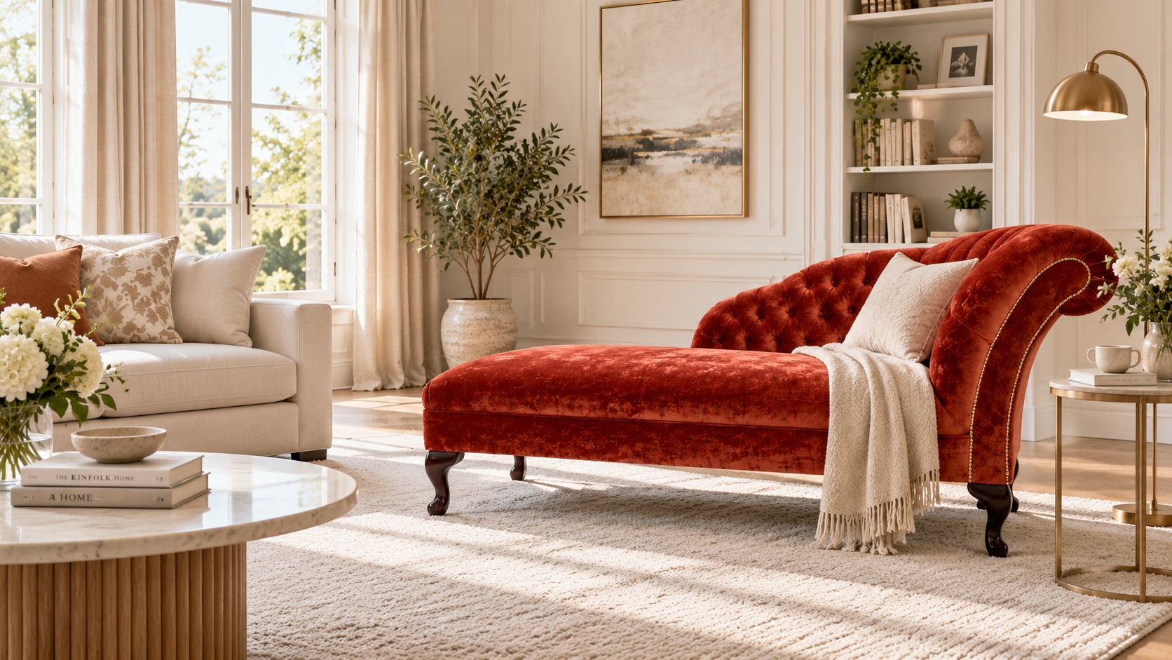 Red velvet chaise in a bright reading corner