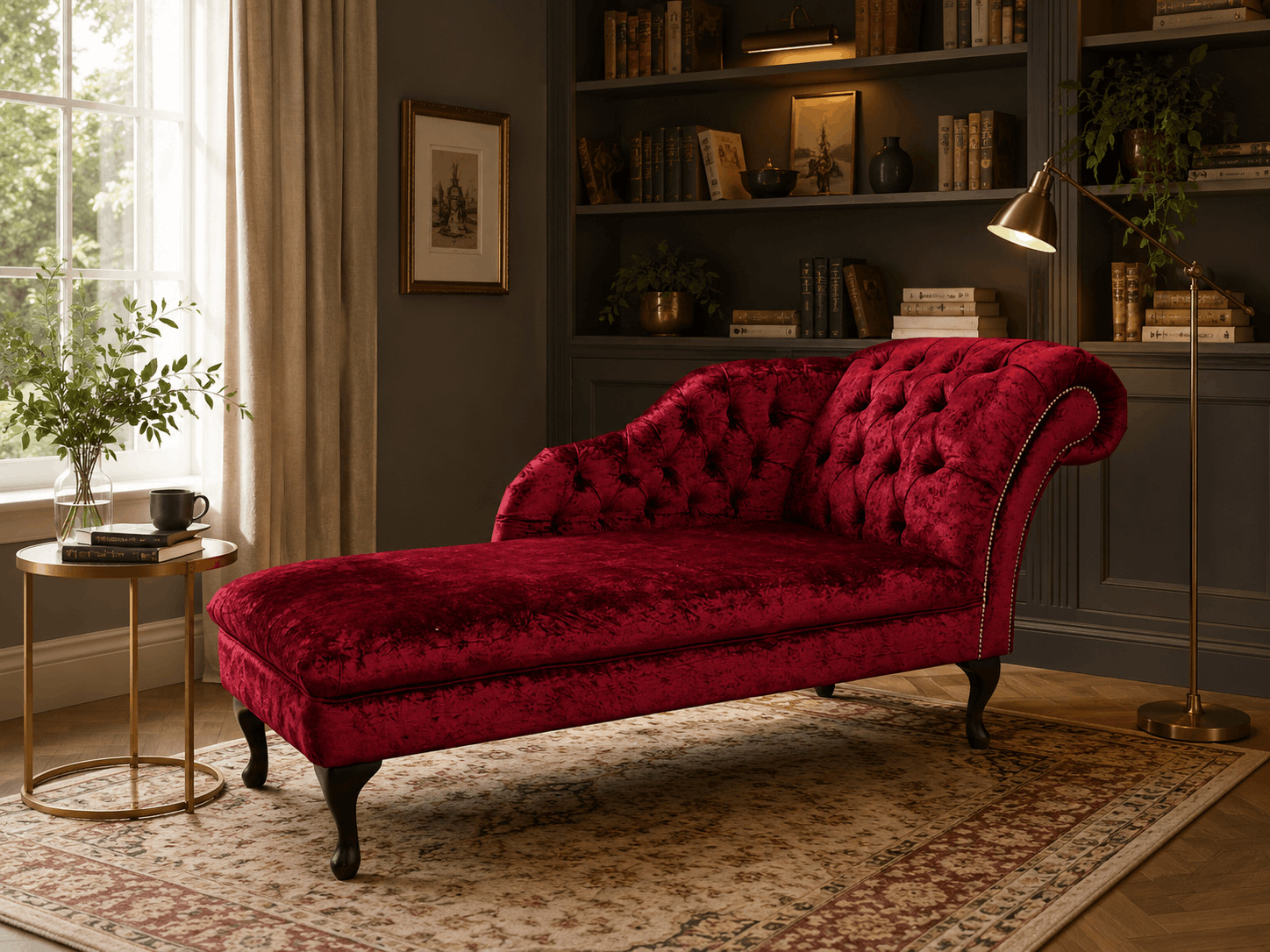 Red velvet chaise sofa in a cosy reading corner
