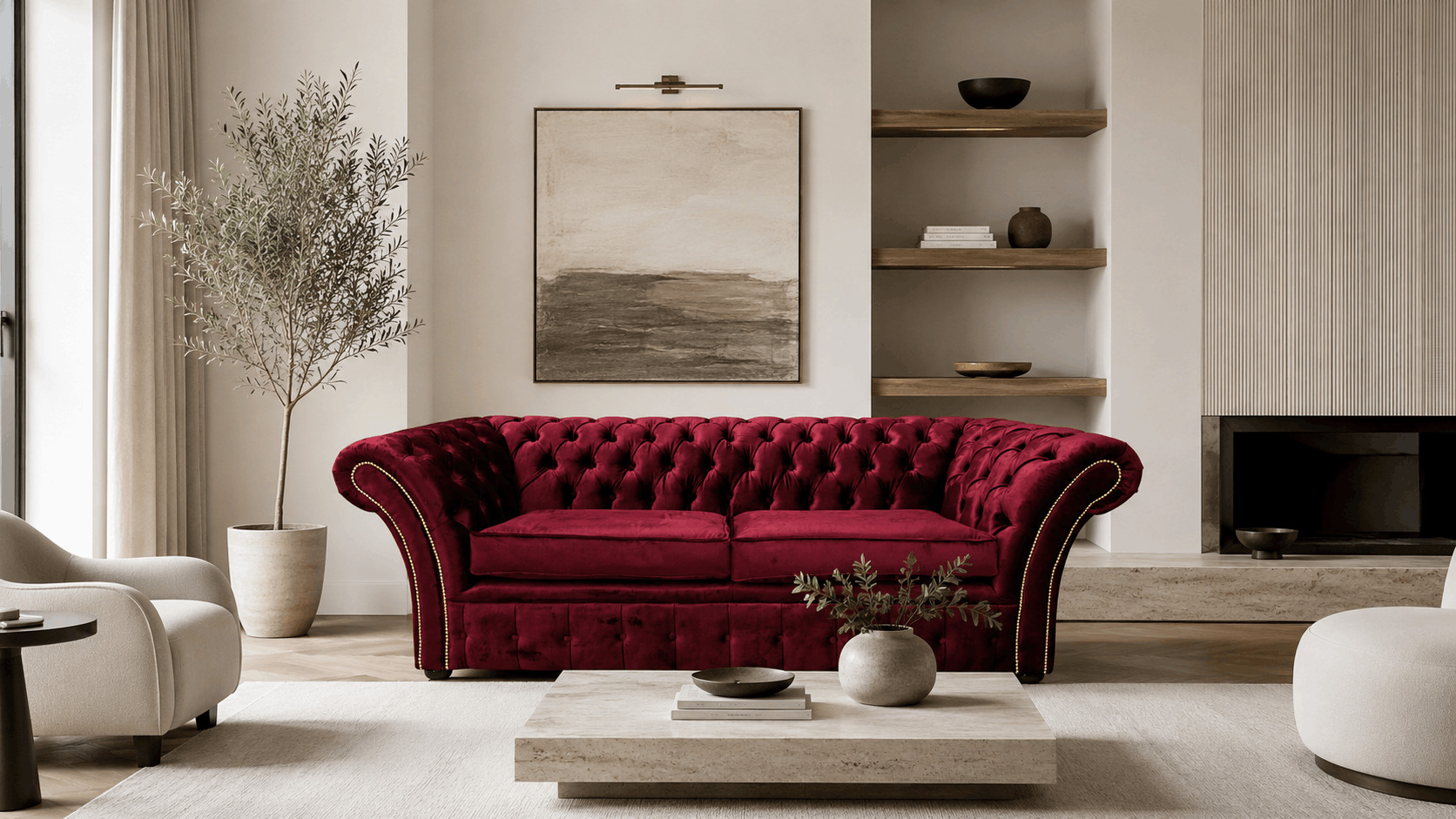 Red velvet Chesterfield sofa in a spacious elegant living room