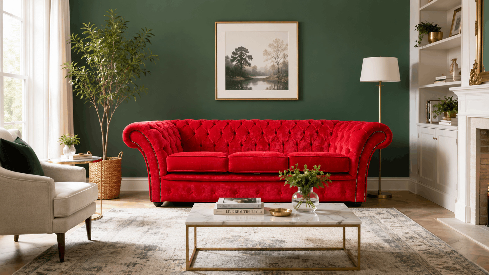 Red velvet Chesterfield sofa with a green accent wall