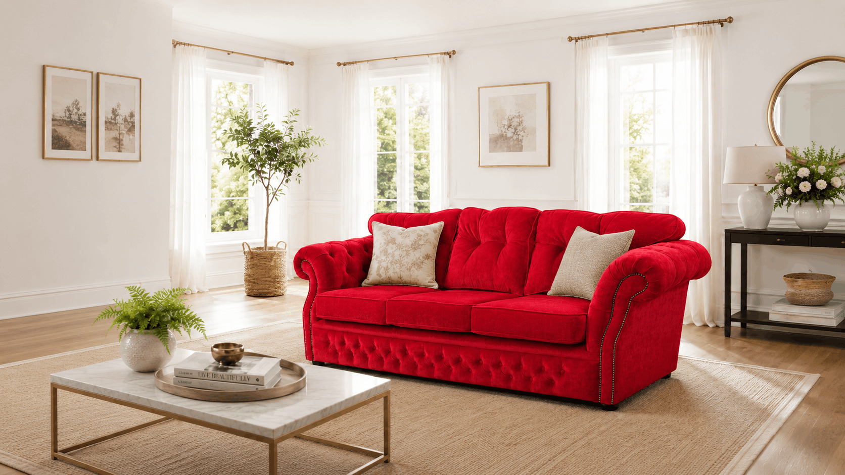 Red velvet sofa with two neutral cushions