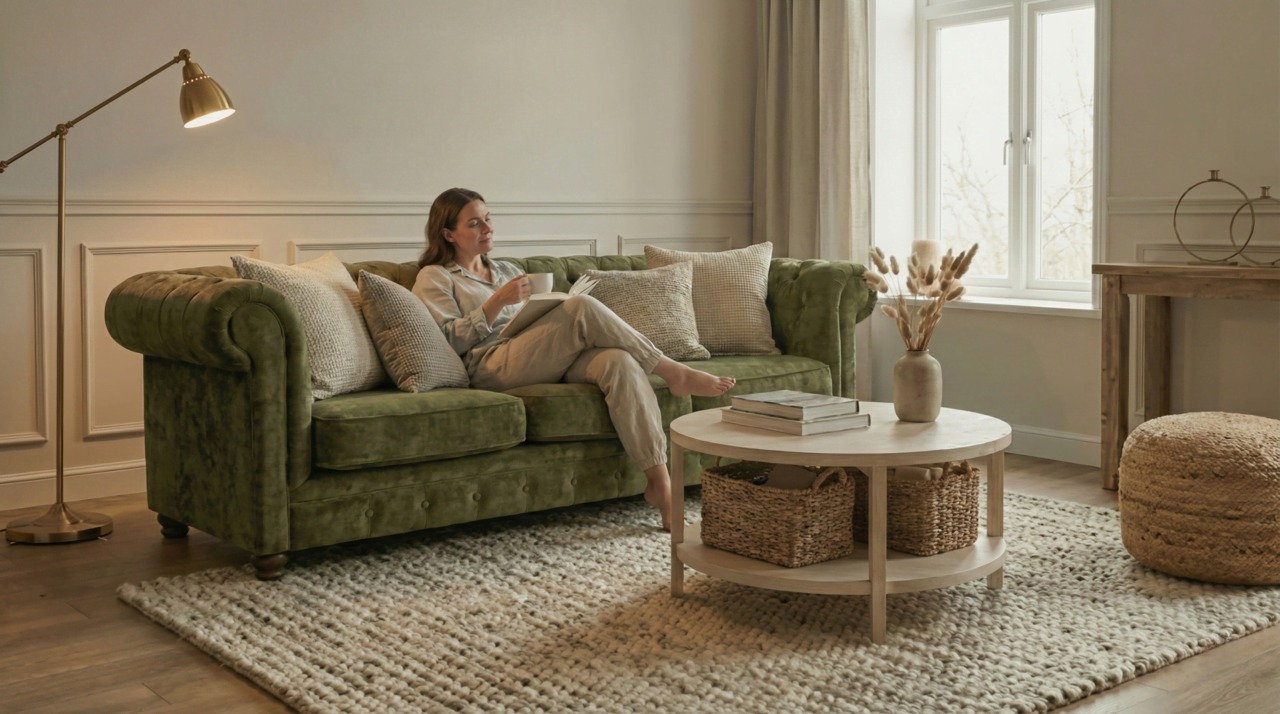 Relaxed Green Velvet Sofa with Cosy Cushions