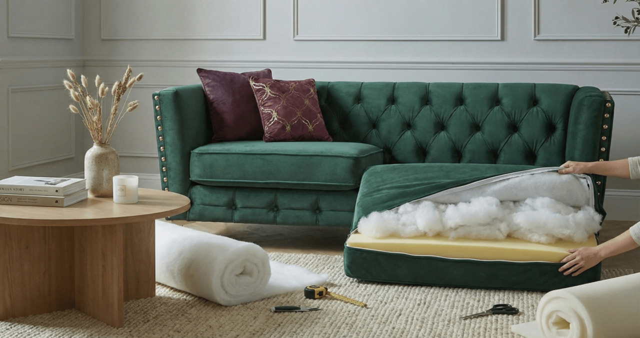 Restuffing a green velvet sofa cushion with new filling