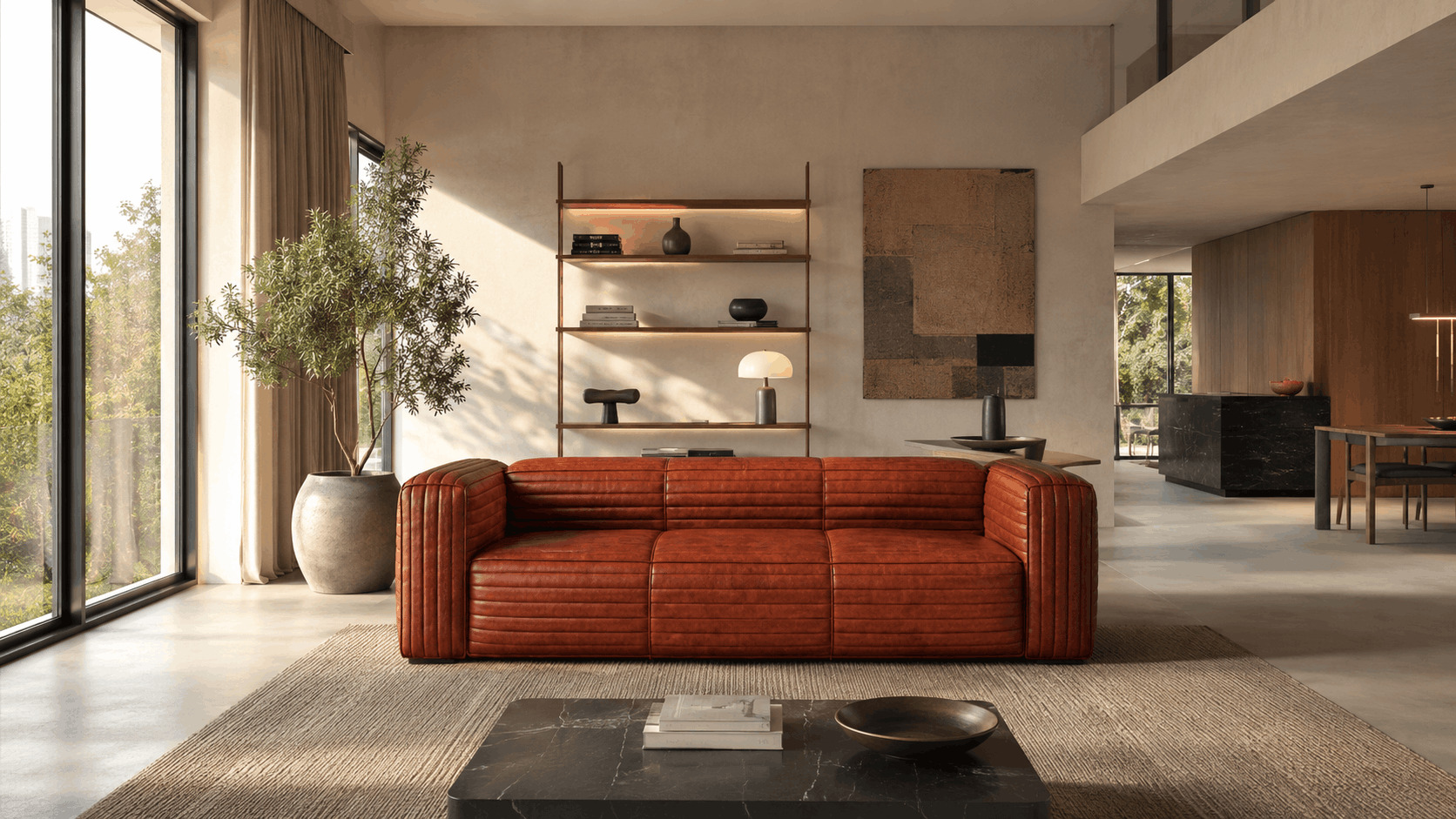 Rust brown leather sofa in a spacious modern living room