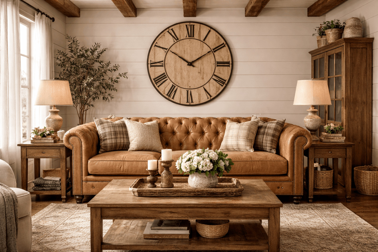 Rustic farmhouse living room with tufted tan sofa and oversized wall clock