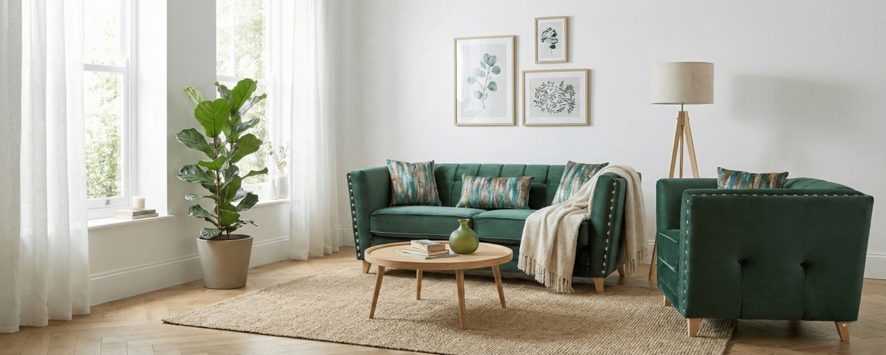 Scandinavian-style living room with a green sofa, natural wood elements and minimalist decor