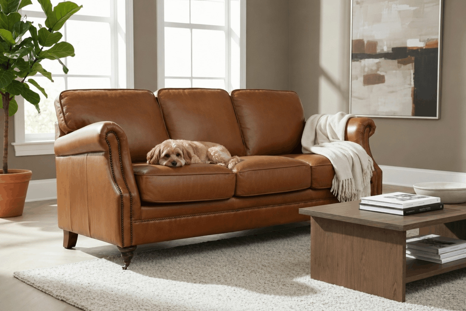Small dog resting on a leather sofa in a bright living room