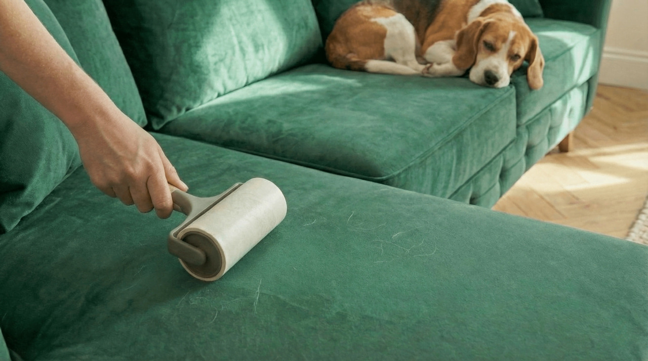 Sofa cleaning at home using lint roller for pet hair