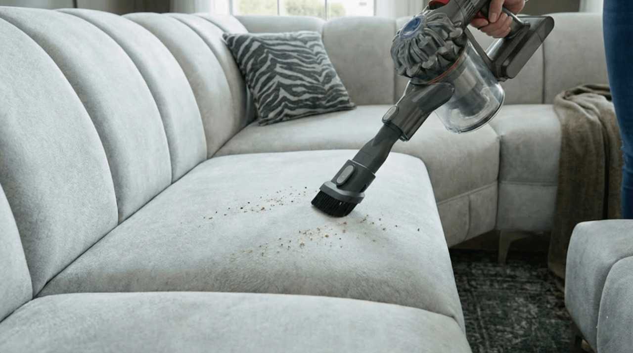 Sofa cleaning at home with vacuum cleaner for crumbs and dust