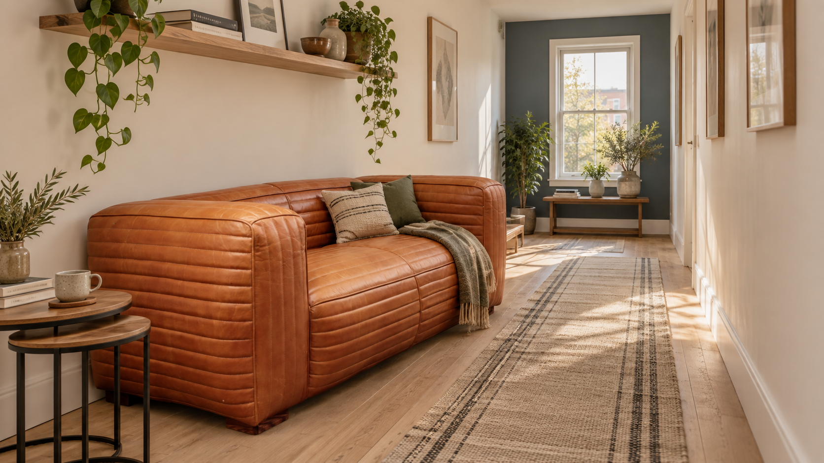 tan channel tufted leather sofa beside a clear walkway