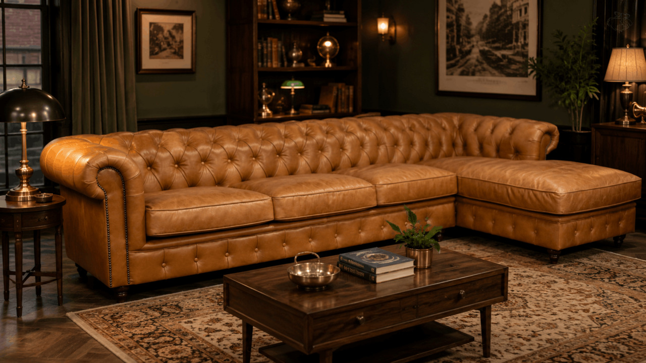 Tan Chesterfield corner sofa in a dark retro room with brass lamps