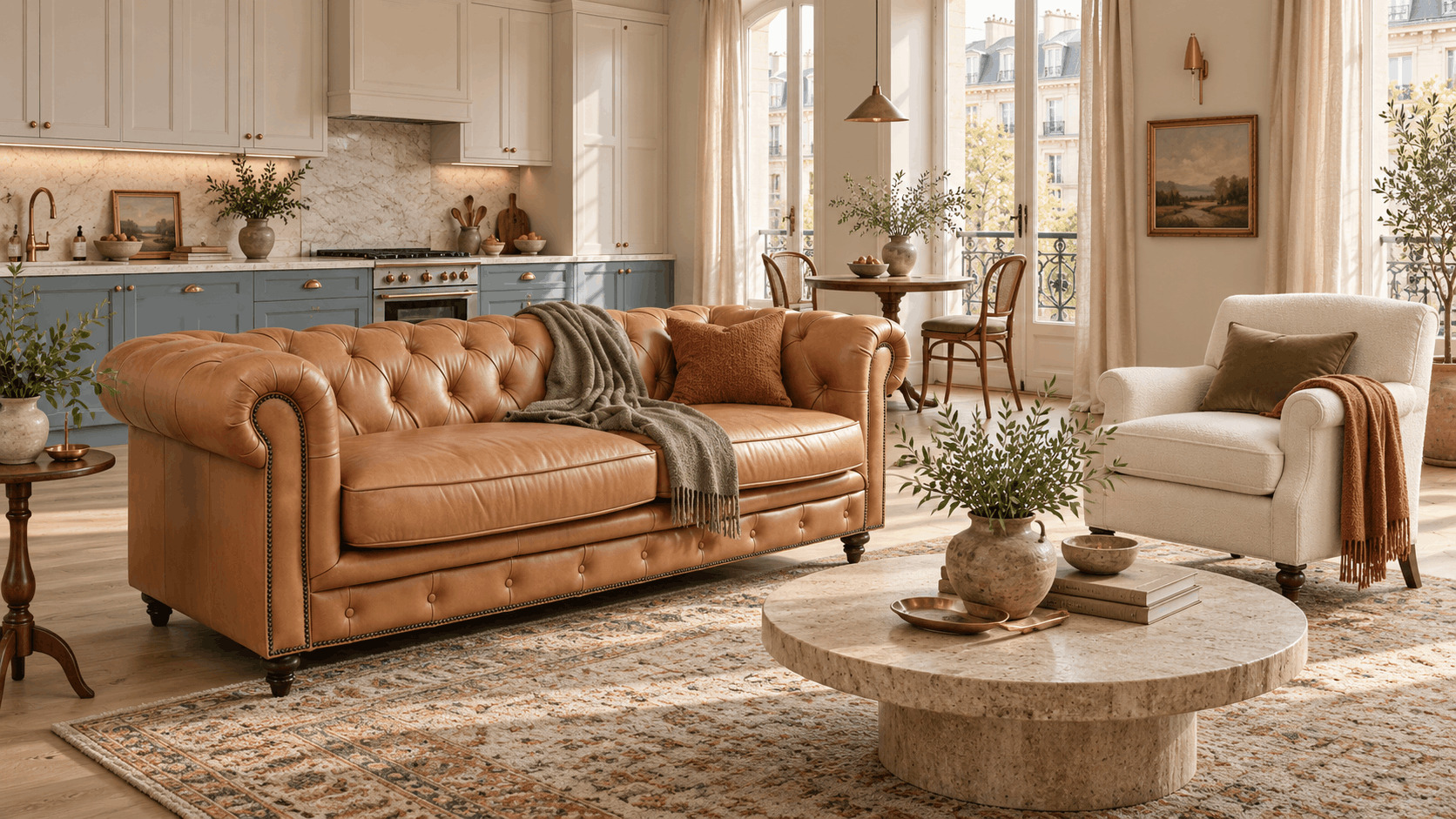 Tan leather Chesterfield sofa with a cream armchair