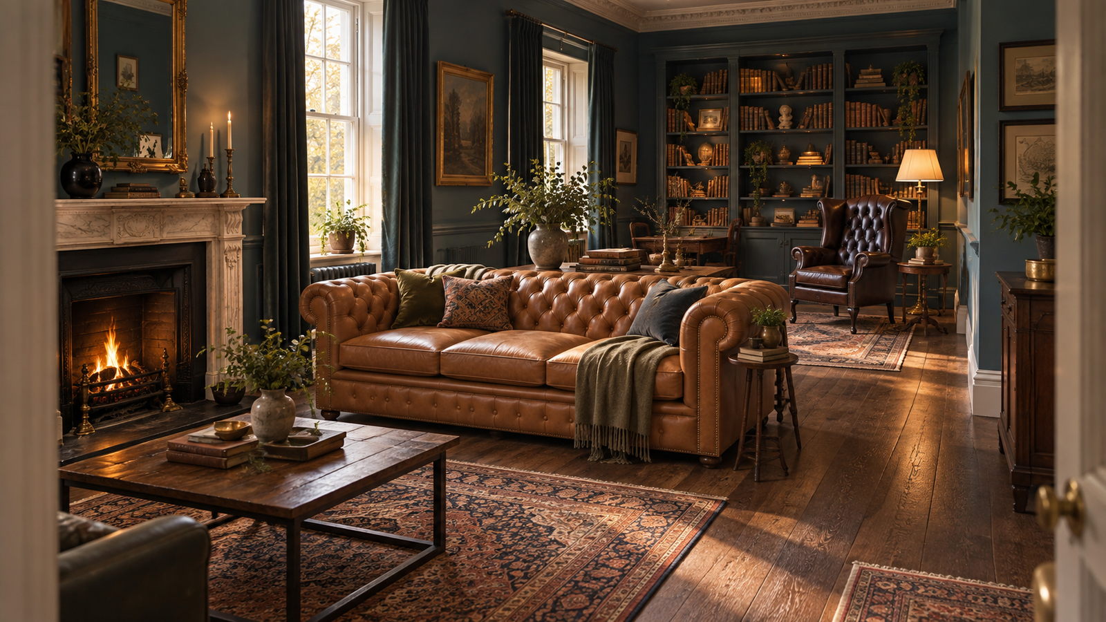 tan leather chesterfield sofa dividing a long living room