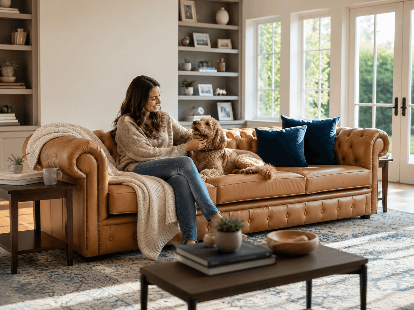 Tan leather Chesterfield sofa with a woman and dog in a spacious living room