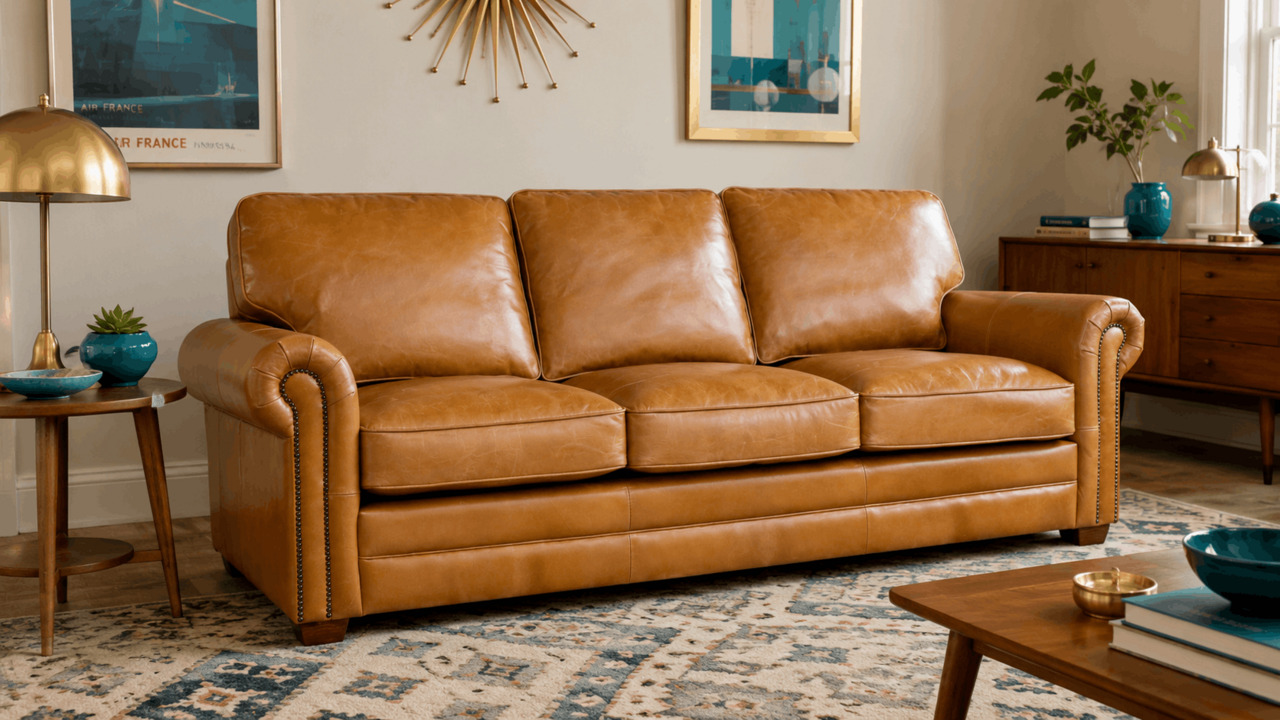 Tan leather sofa in a bright retro room with teal accents