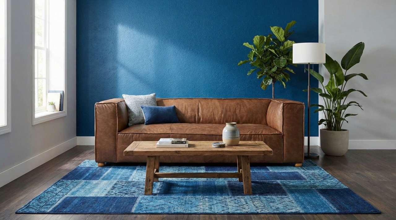 Tan leather sofa with a deep blue wall and a blue rug