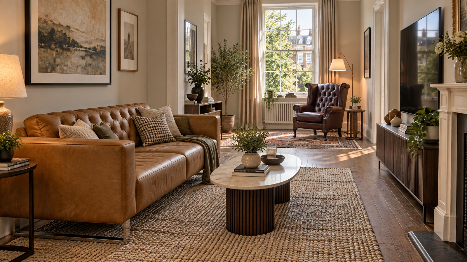 tan leather sofa with a second seating zone by the window