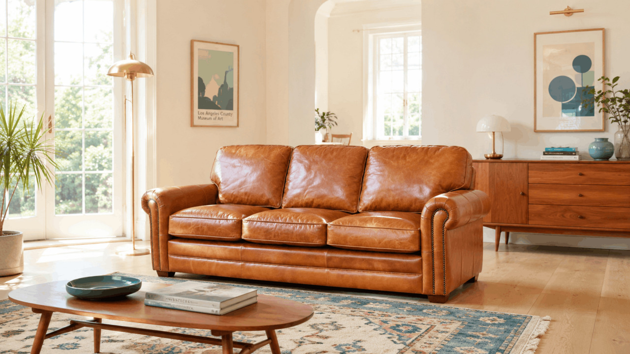 Tan leather sofa with blue rug and brass lamp in bright room