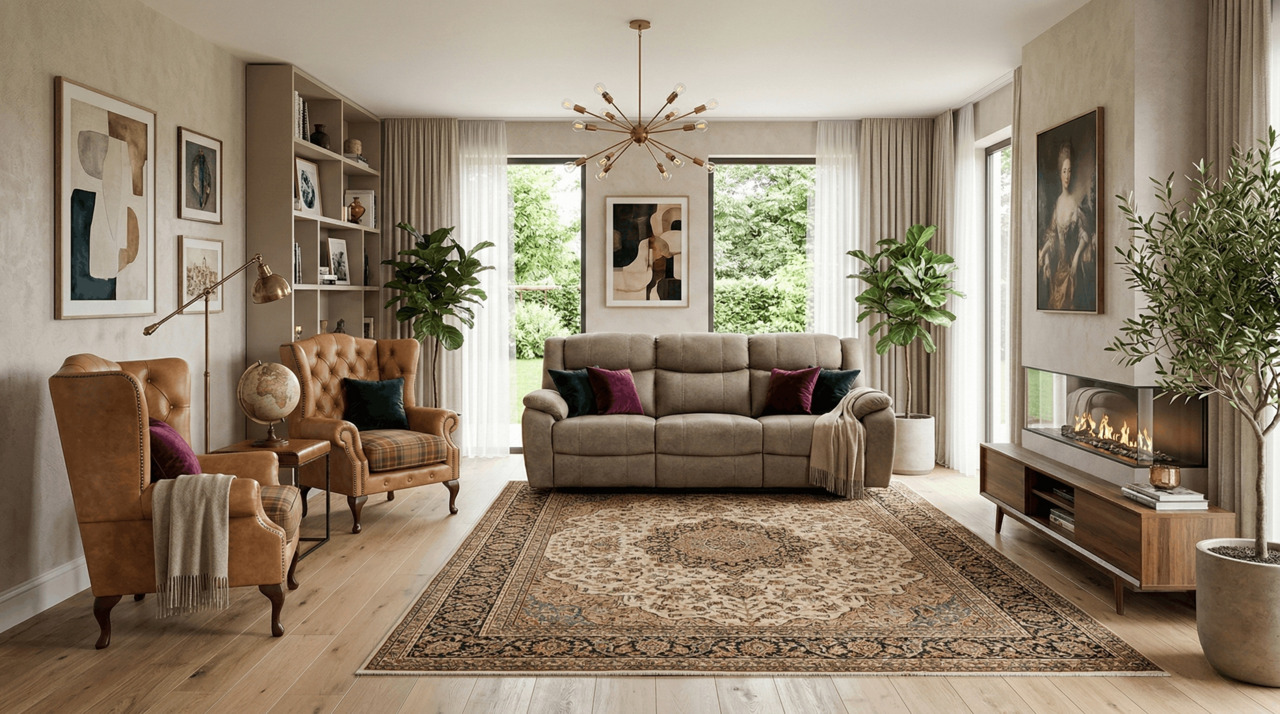 Tan sofa with bright accent pillows in a cozy neutral living room