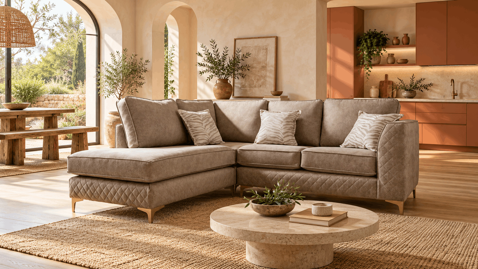 Taupe corner sofa beside a terracotta kitchen