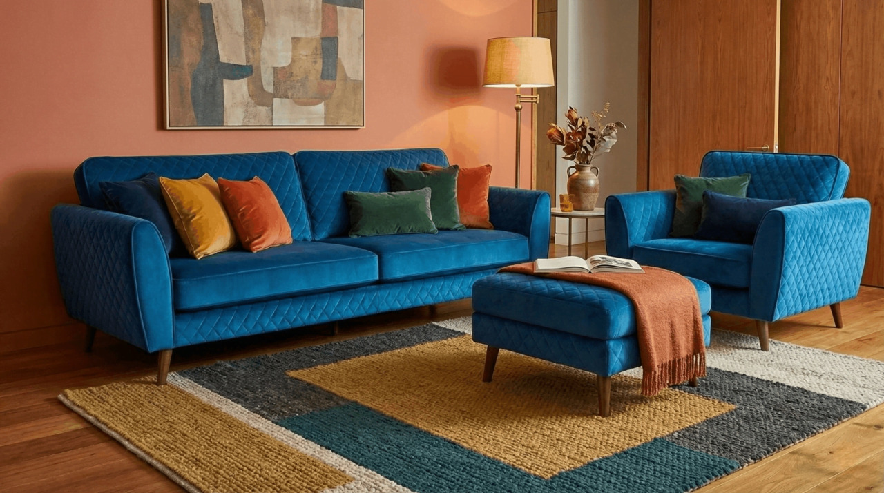 Teal Blue Sofa Set with Colourful Cushions and Terracotta Feature Wall
