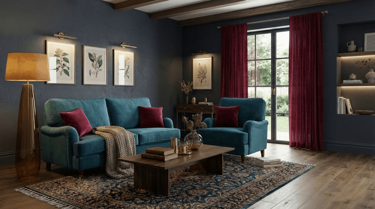 Teal Blue Sofas in Cosy Dark Room with Red Curtains