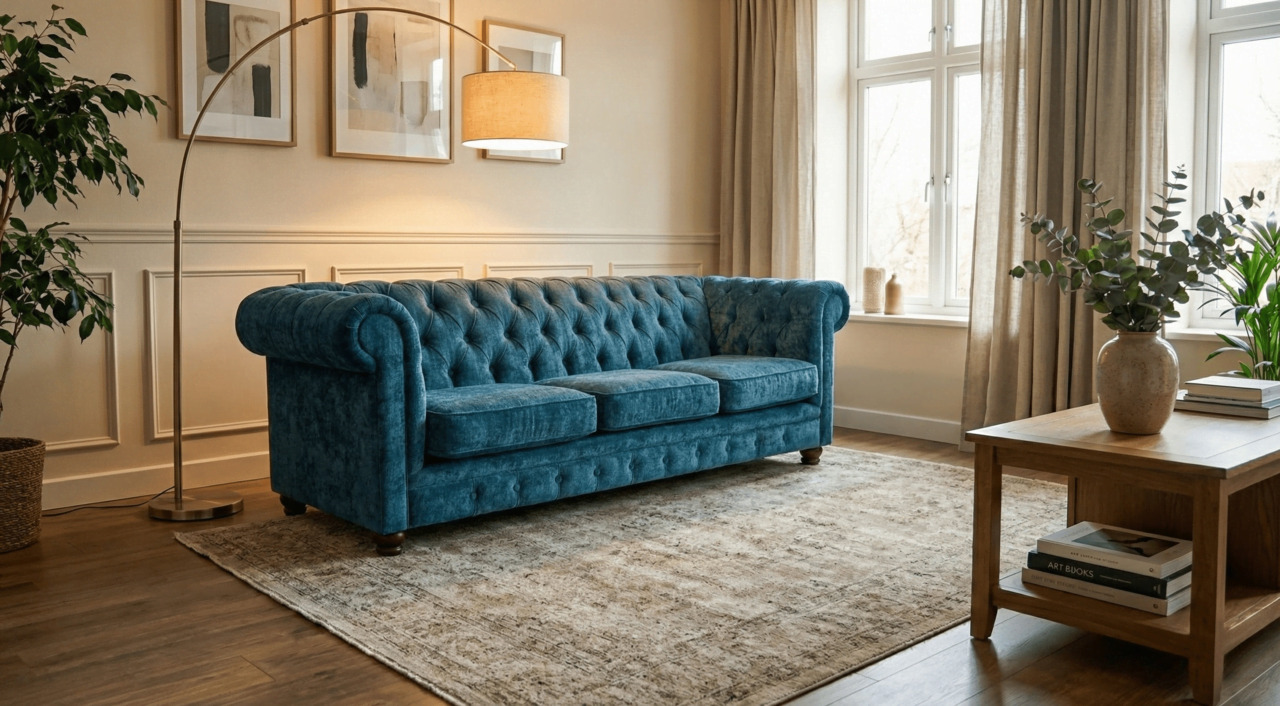 Teal Chesterfield sofa in a warm classic living room