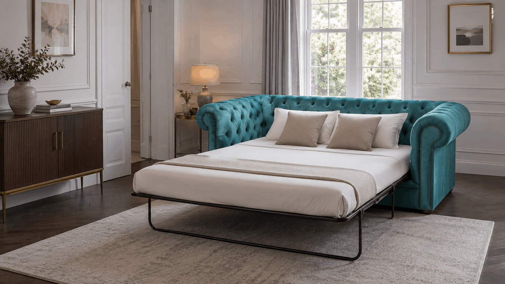 Teal fabric Chesterfield sofa bed with grey curtains