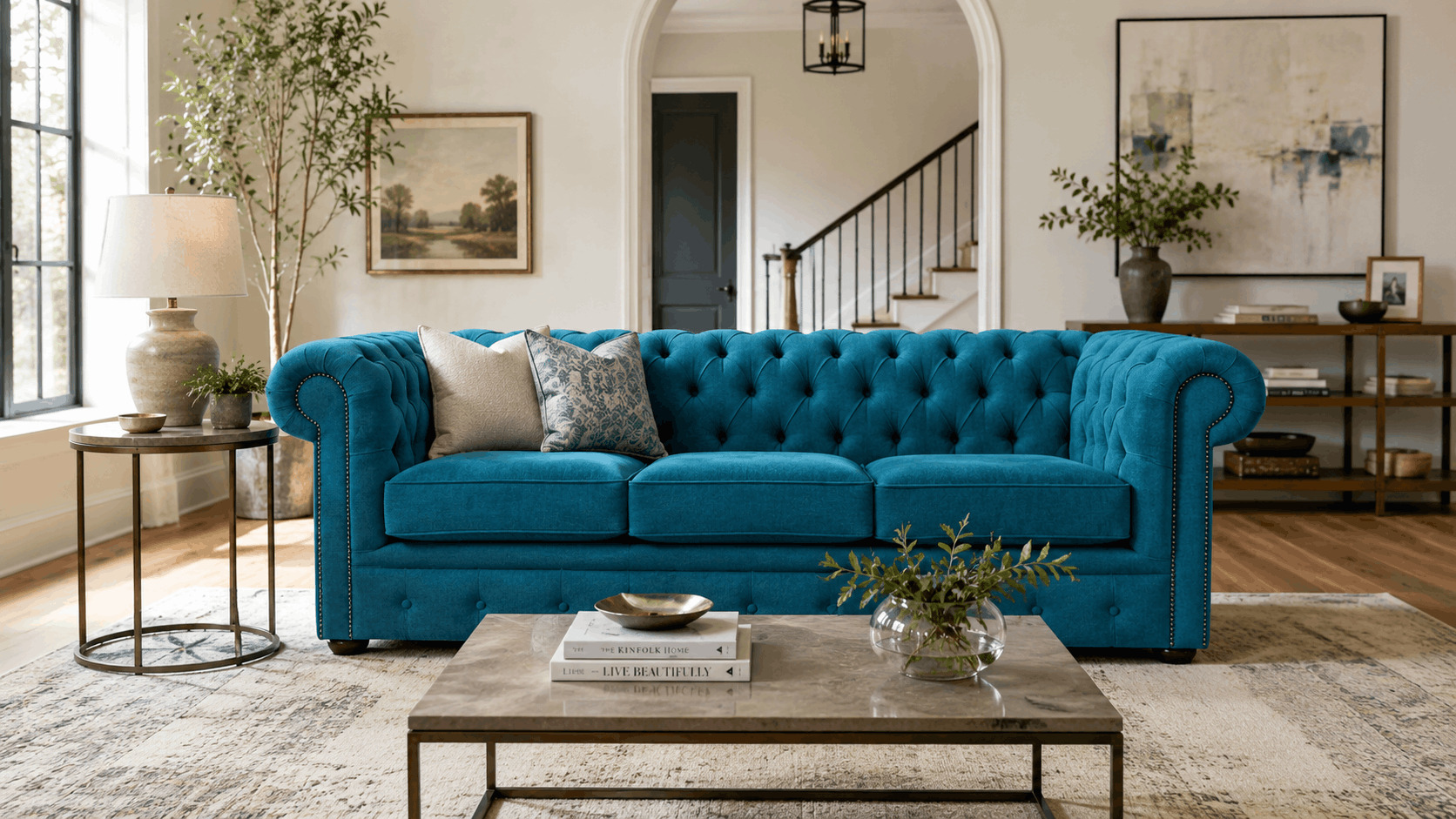 Teal fabric Chesterfield sofa in a spacious living room