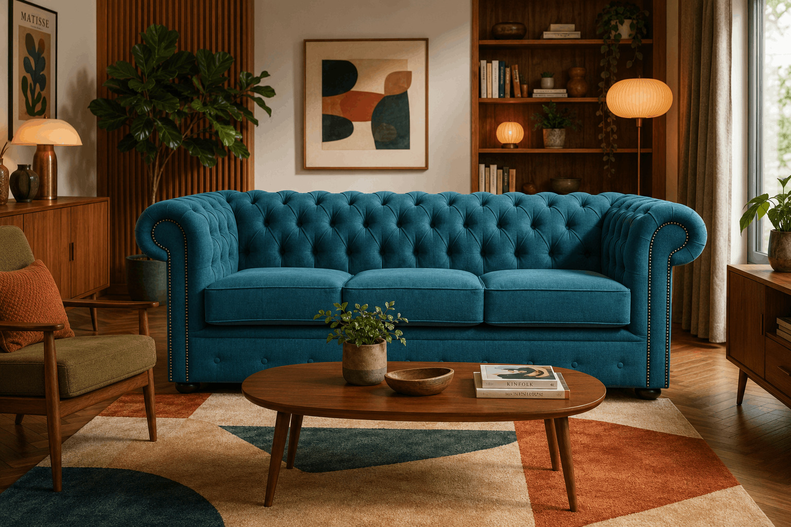 Teal fabric Chesterfield sofa with walnut furniture and a geometric rug