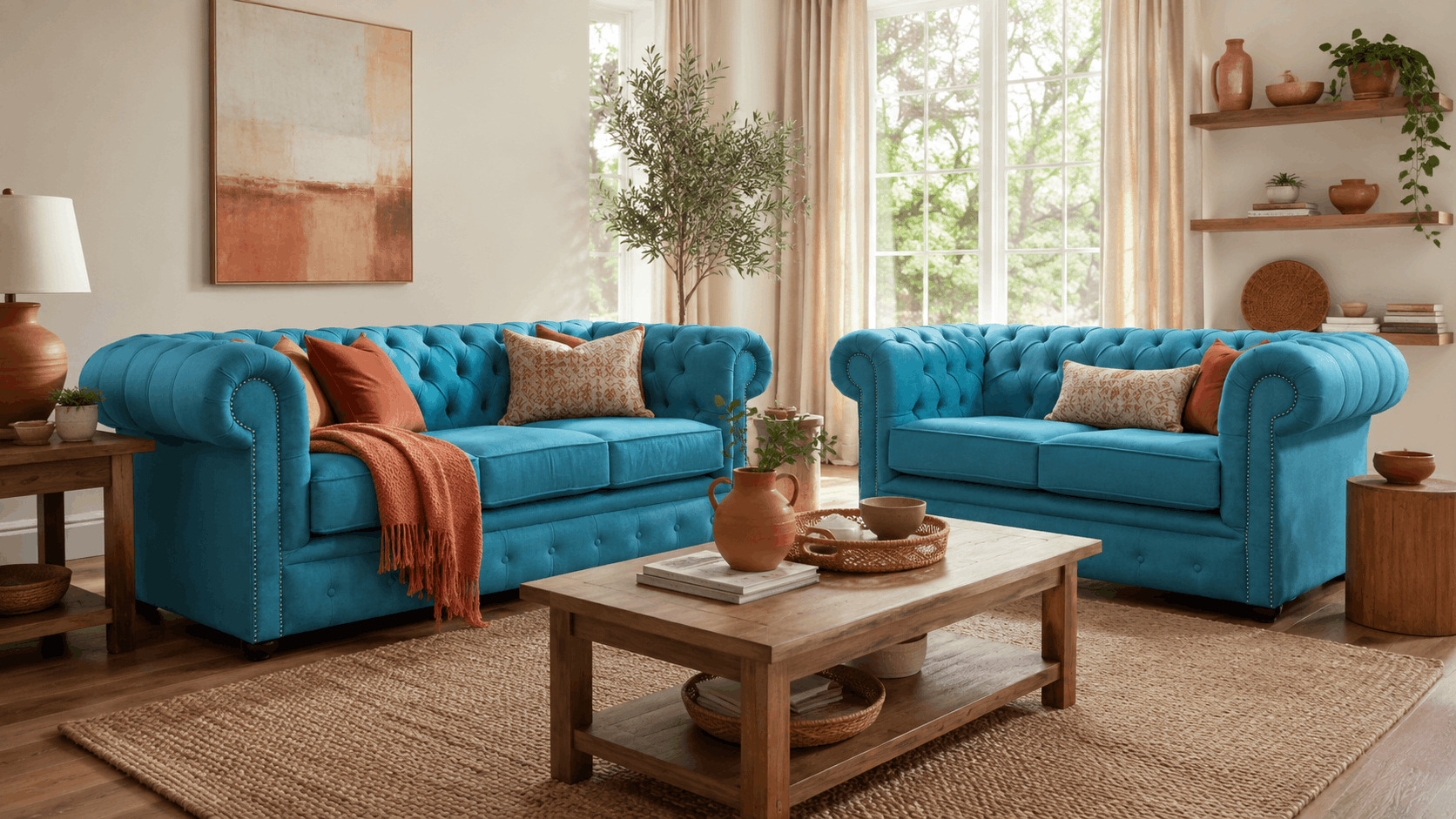 Teal fabric Chesterfield sofas with terracotta cushions and wooden accents