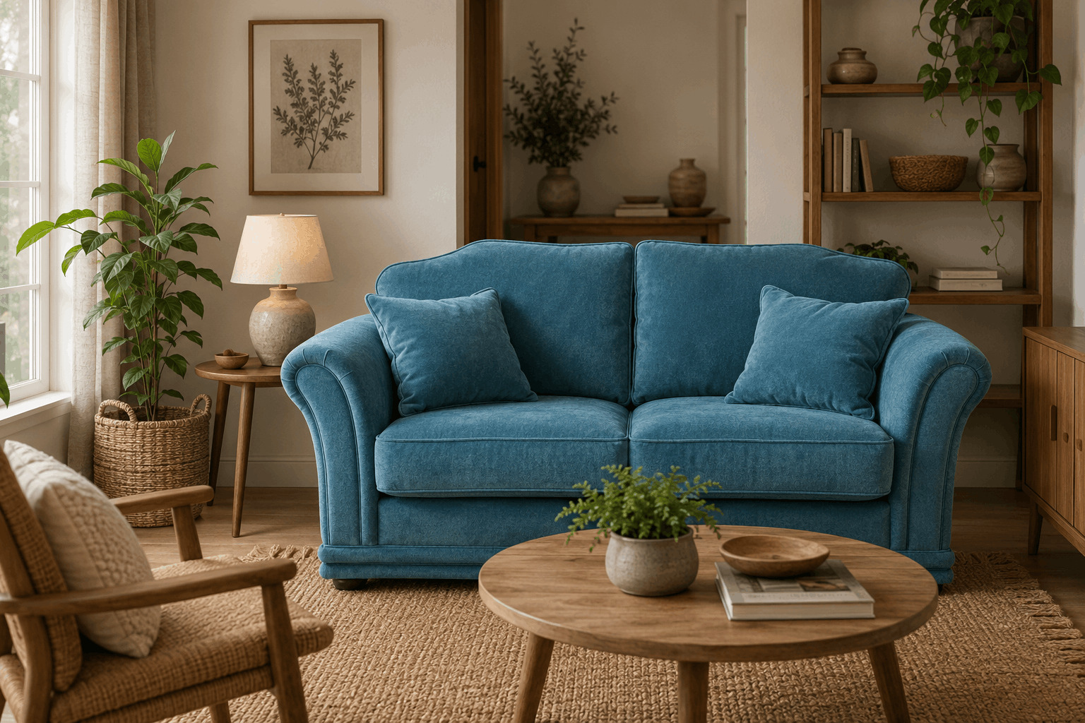 Teal fabric two-seater sofa with natural wood furniture and a woven jute rug