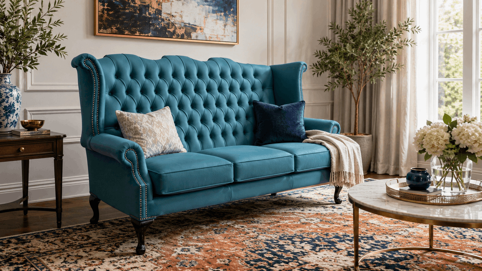Teal fabric wingback sofa with a patterned terracotta and navy rug