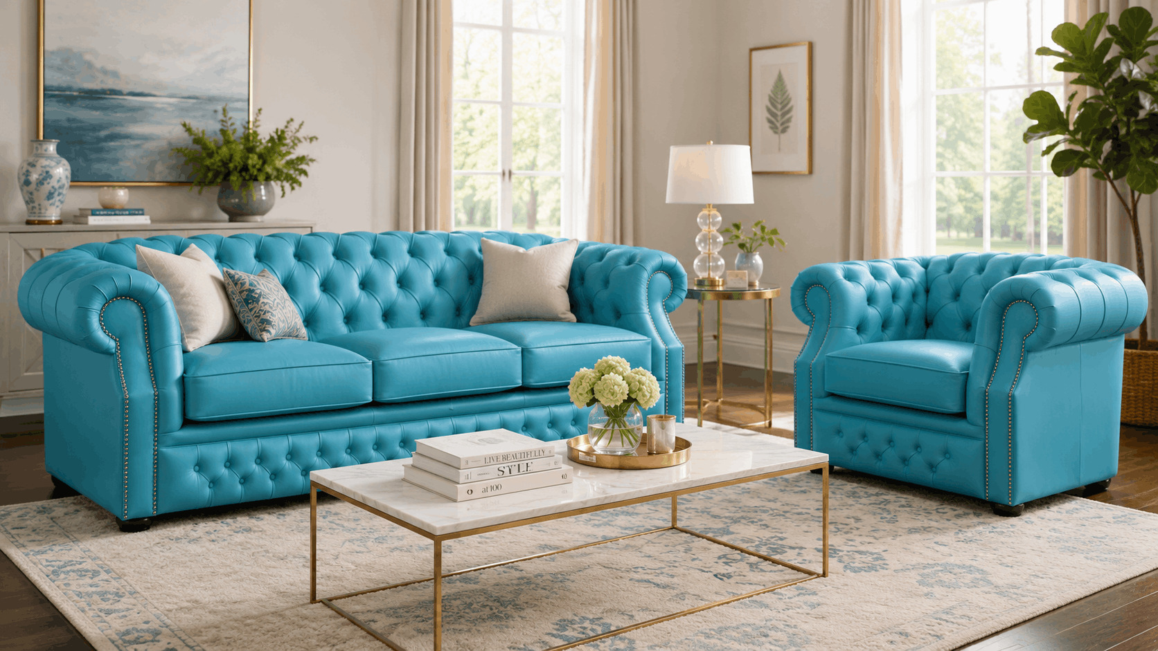 Teal leather Chesterfield sofa and armchair in a bright living room