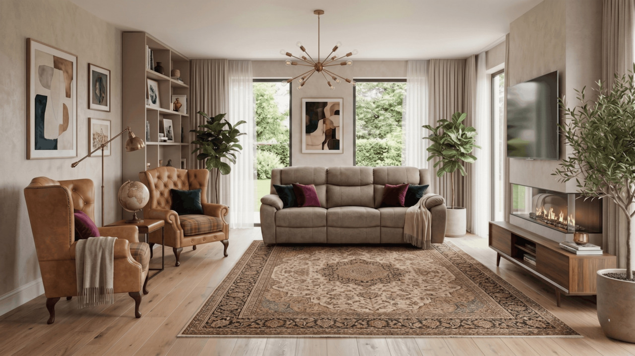 Three-seater sofa with cushions and two armchairs in TV living room