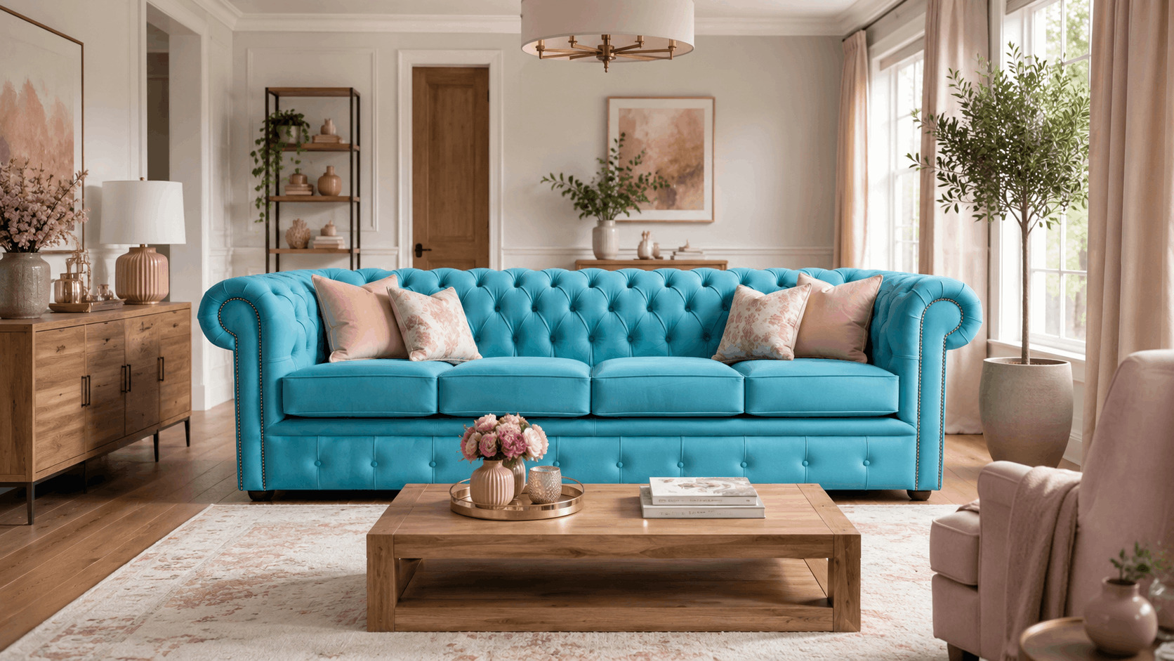 Turquoise fabric Chesterfield sofa with blush pink cushions and wooden furniture