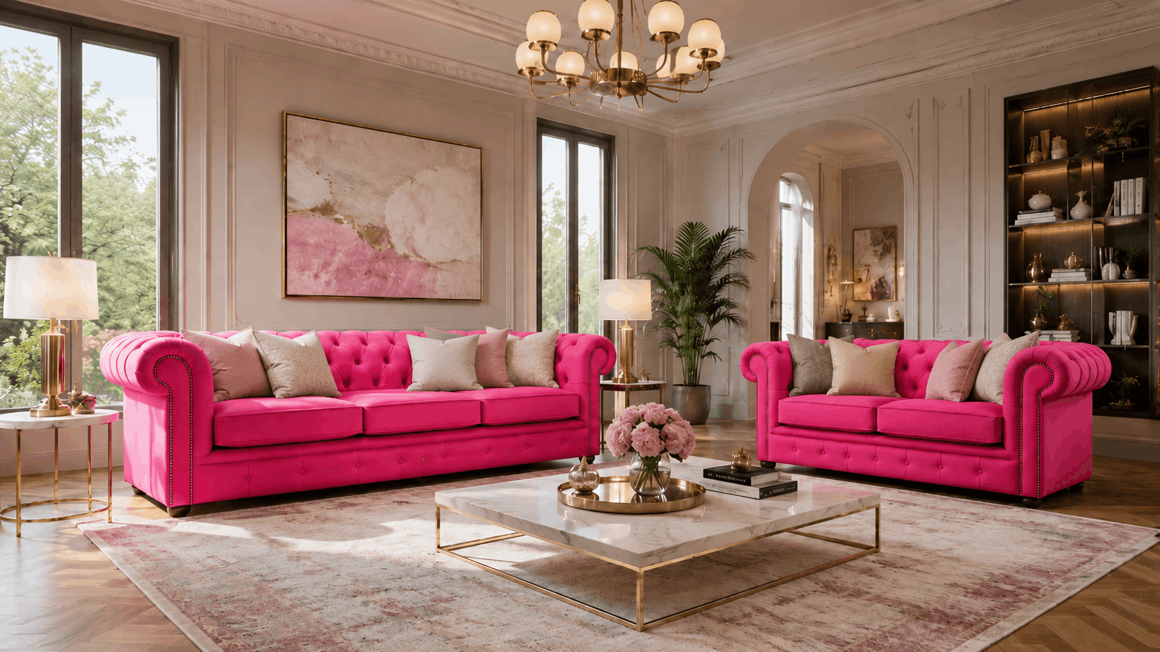 Two bright pink Chesterfield sofas with neutral cushions