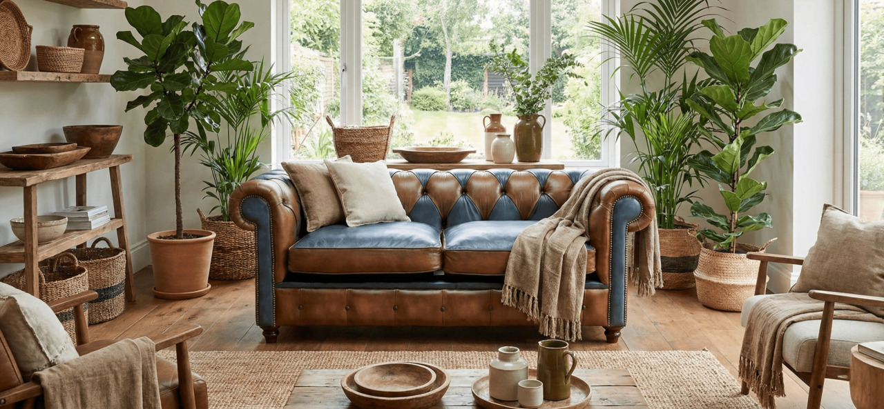 Two-tone leather and blue Chesterfield sofa in a natural decor living room