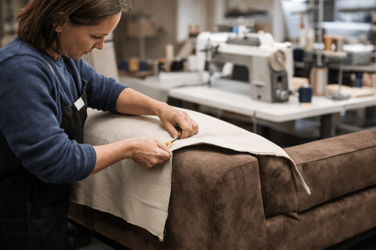 Upholsterer cutting fabric on sofa frame during reupholstery process