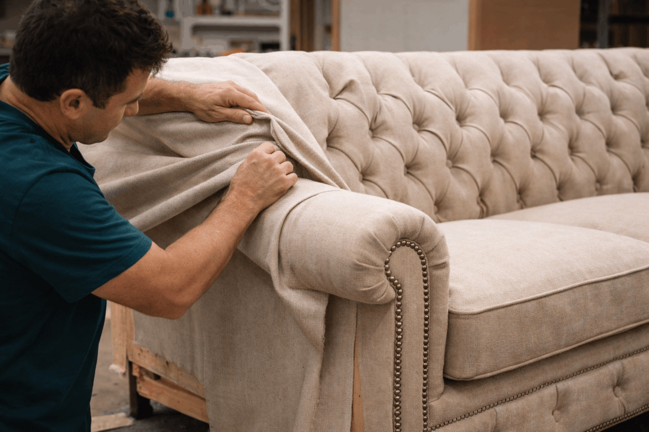 Upholsterer fitting fabric on Chesterfield sofa armrest