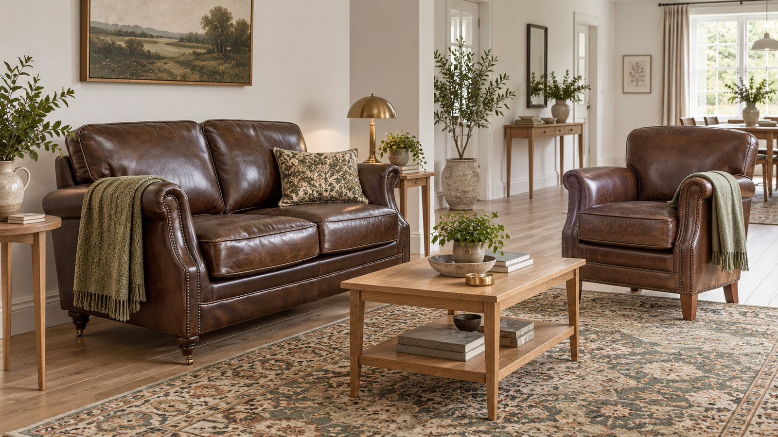 vintage brown leather sofa and armchair in a light living room