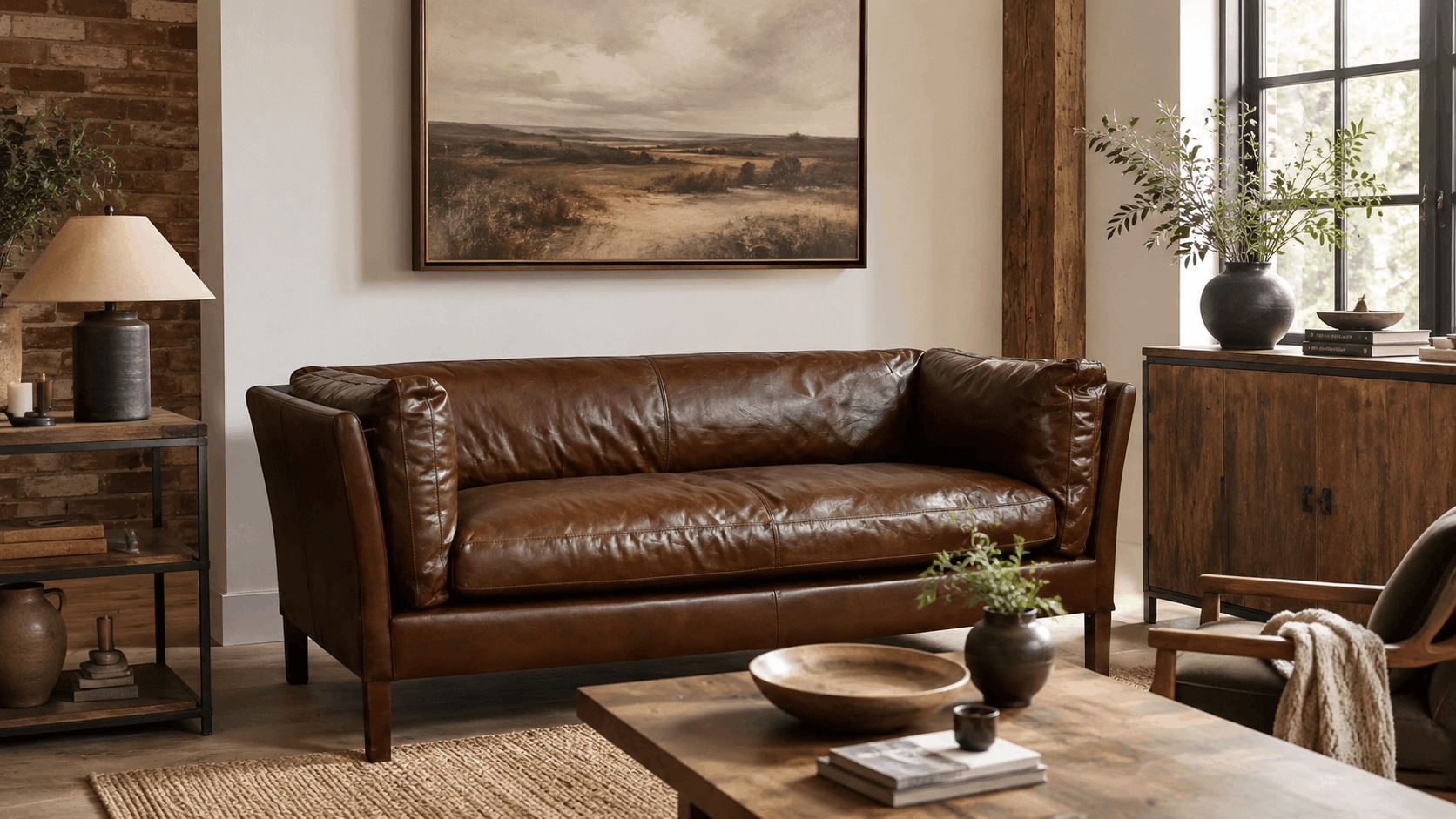 vintage-brown-leather-sofa-in-rustic-living-room