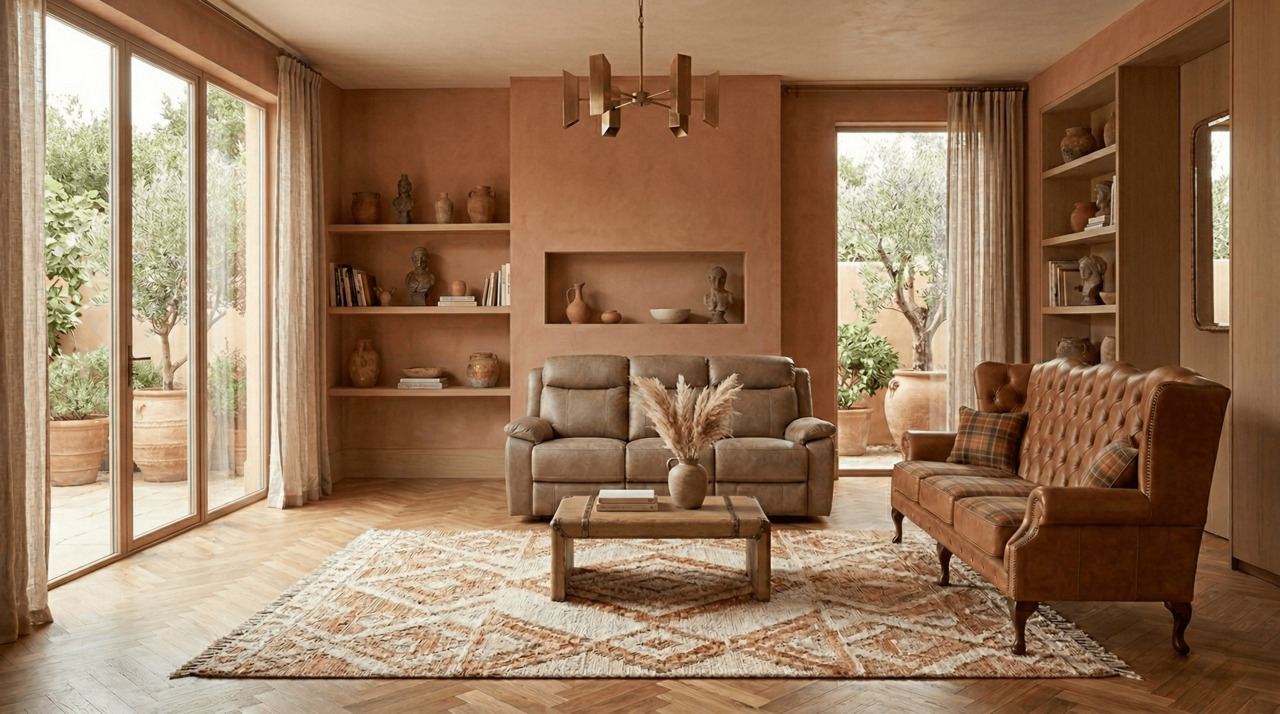 Warm terracotta living room with tan leather sofa and neutral decor