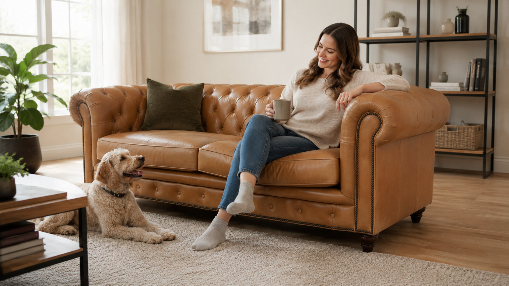 woman-relaxing-on-a-tan-leather-chesterfield-sofa-with-a-dog-nearby
