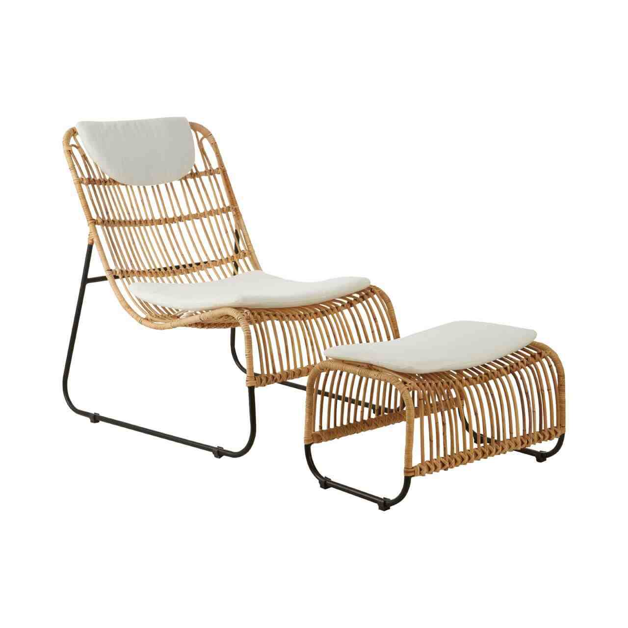 Hakan Rattan Black Iron Frame Lounge Chair And Footstool With White Cushions Designer Sofas 4u