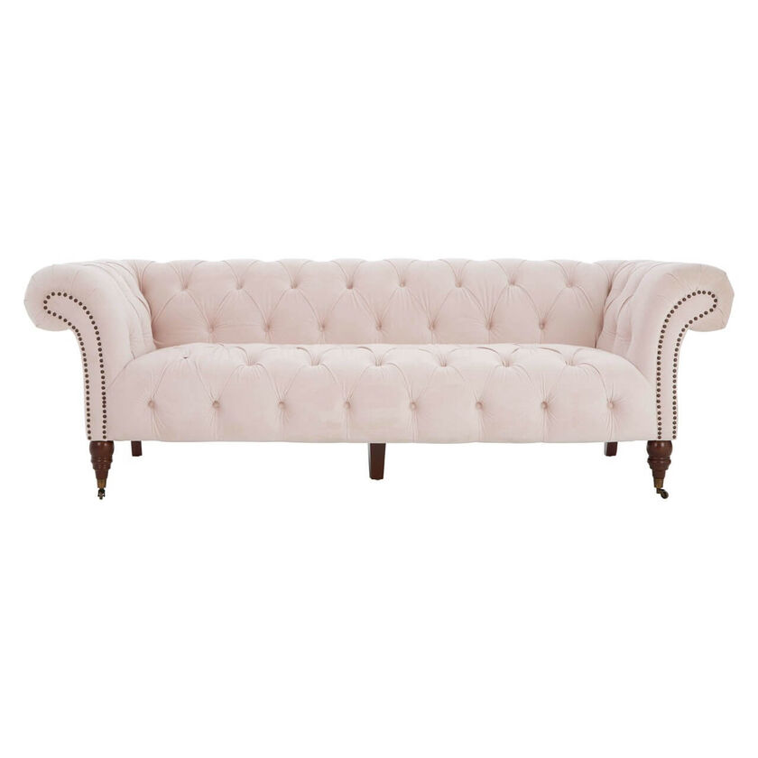 Maria 3 Seater Chesterfield Pink Fabric, Sofa On Wheels Uk