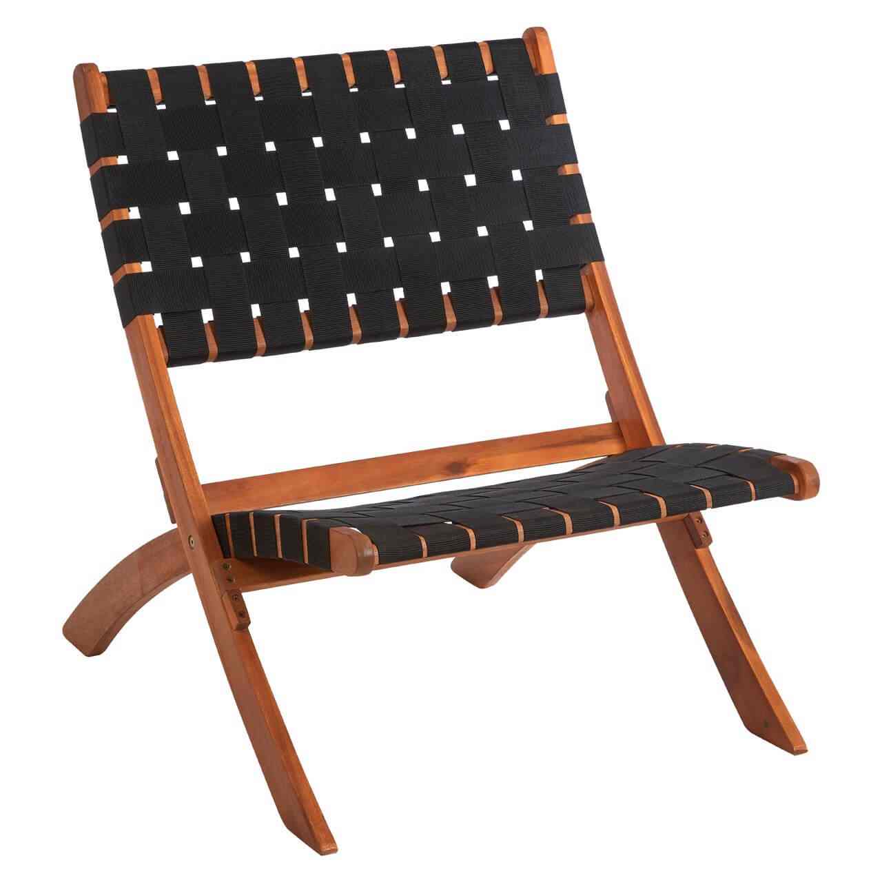 tage black fabric strips and wood frame woven chair