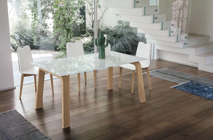 DEIMOS 160 cm Aluminum Extendable Table With Natural Wooden Legs Extra White Tempered Glass Top