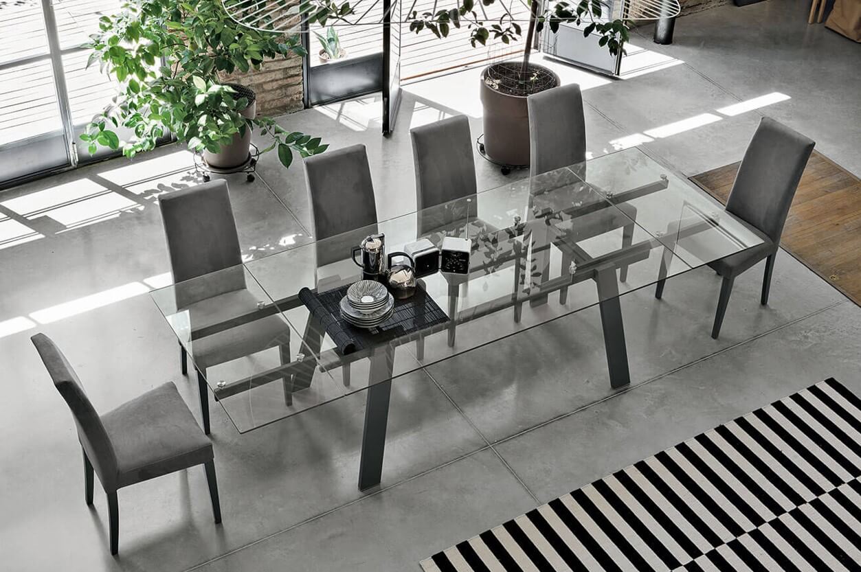 Giove Italian Extendable Dining Table With Graphite Painted Metal Frame Transparent Tempered Glass Top 180cm