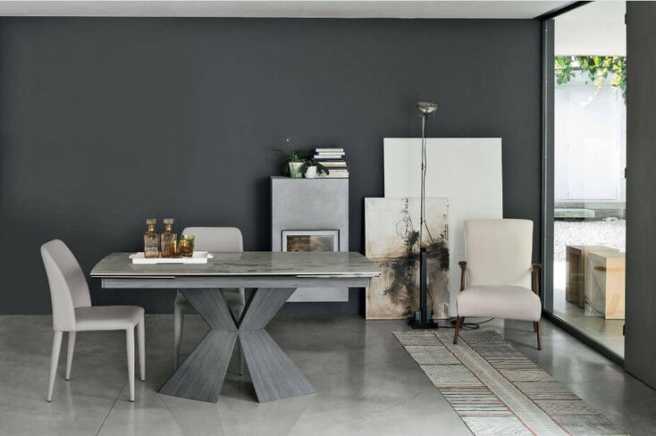 POSEIDONE 160 cm Extendable Table With Brushed Painted Metal Structure Arabesque Marble Effect Stoneware Top